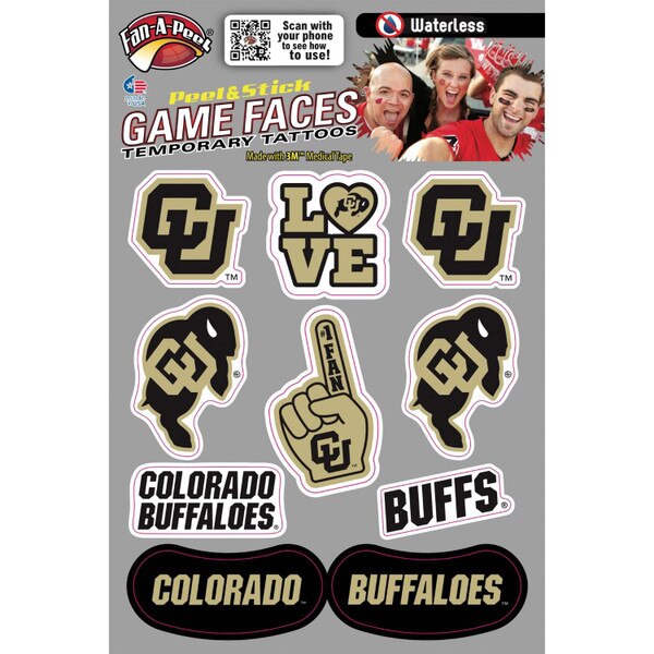 Sheet of CU Buffaloes temporary tattoos featuring alternating designs of the CU Buffaloes logo, CU Logo, “Buffs, and "Colorado Buffaloes” text in black and gold.